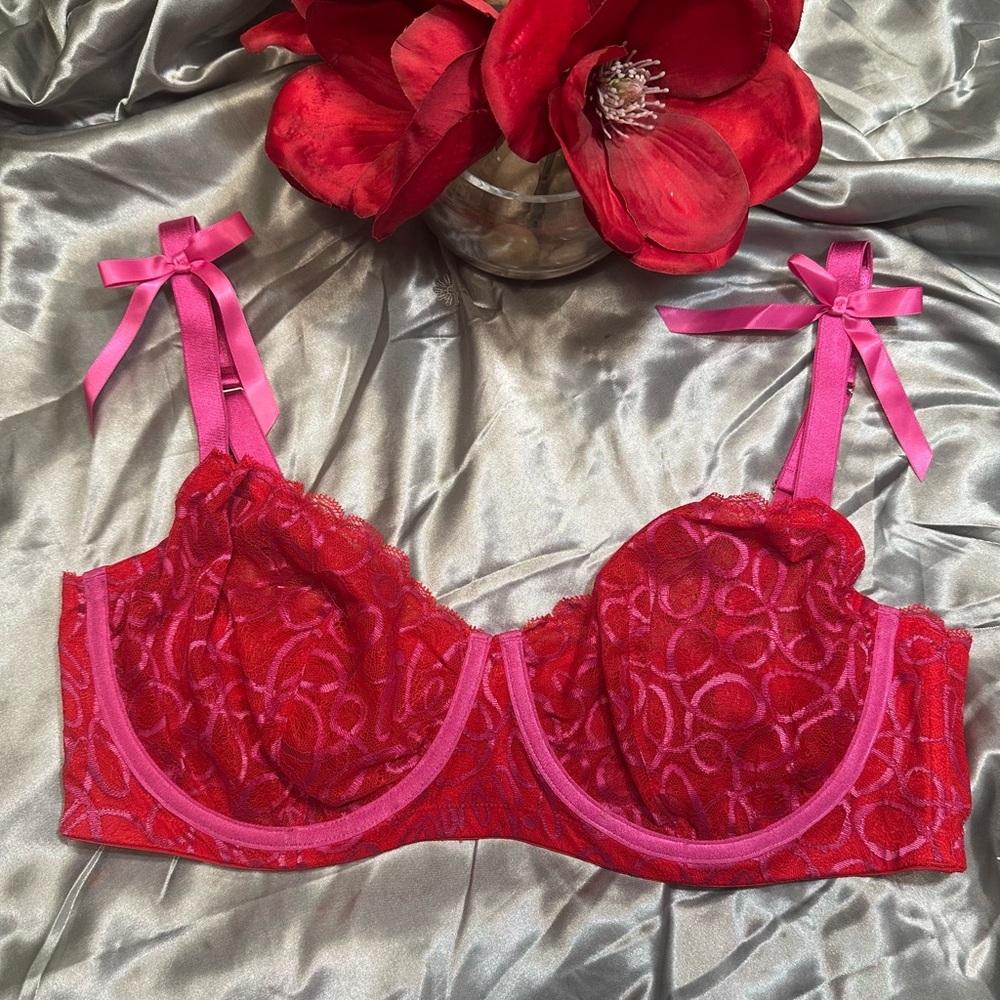🌹SAVAGE X FENTY GOJI BERRY RED ROSE VIOLET PINK Underwire Bra Ribbon Tie Straps